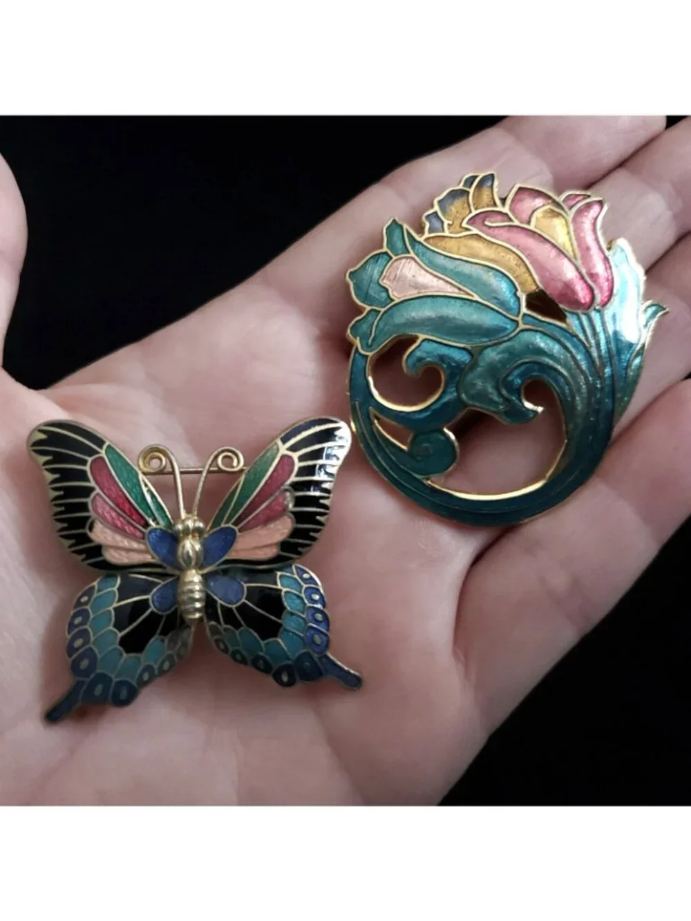 Vintage Cloisonne Brooch Lot Butterfly Flowers Floral 1.75